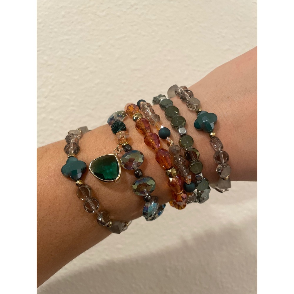 Erimish Beaded Stretch Bracelet Stack 6pc Emerald Green Amber #10